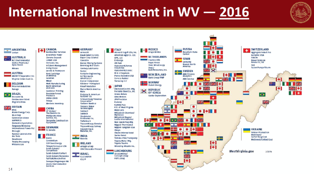 A map displaying dozens of international businesses in the state of West Virginia